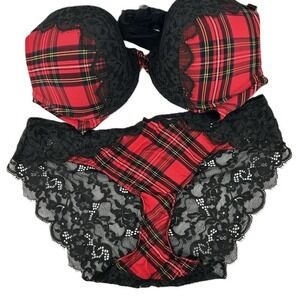 Cacique Red Plaid Lace Bra 46C and Panty Set 22/24 Racerback Front Close